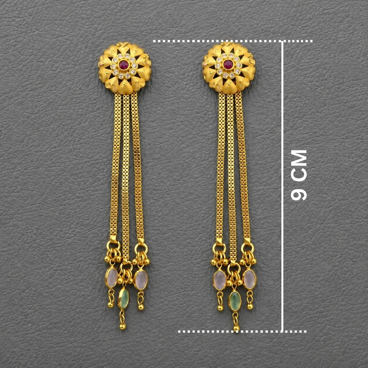 Antique Gold Ruby Floral Statement Earrings with Tassels