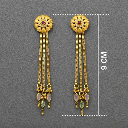Antique Gold Ruby Floral Statement Earrings with Tassels