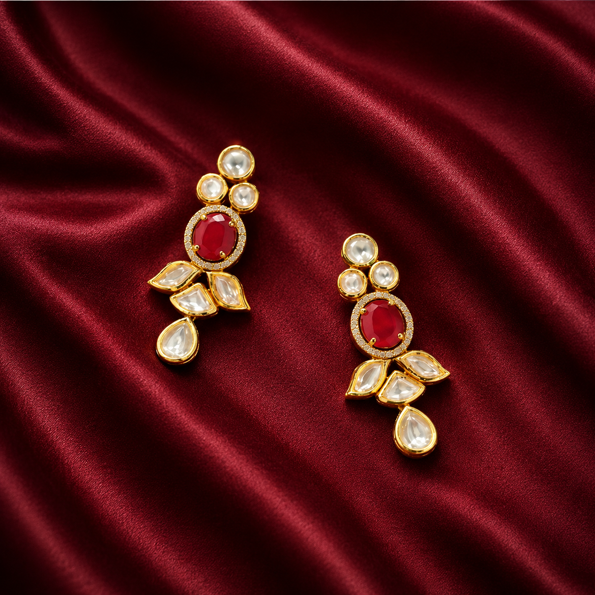 Kundan & Ruby Gold Plated Drop Earrings | Traditional Festive Wear