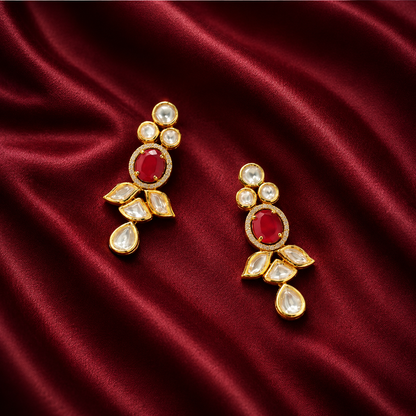 Kundan & Ruby Gold Plated Drop Earrings | Traditional Festive Wear