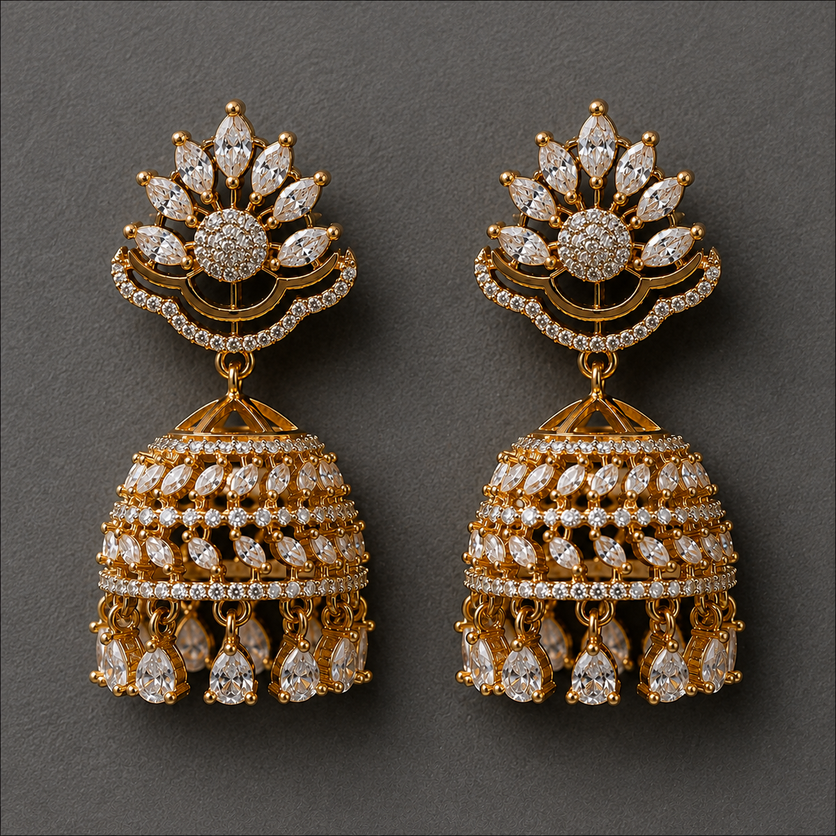 Luxury American Diamond Bell Drop Jhumkis in Gold Finish