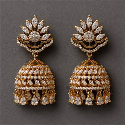 Luxury American Diamond Bell Drop Jhumkis in Gold Finish