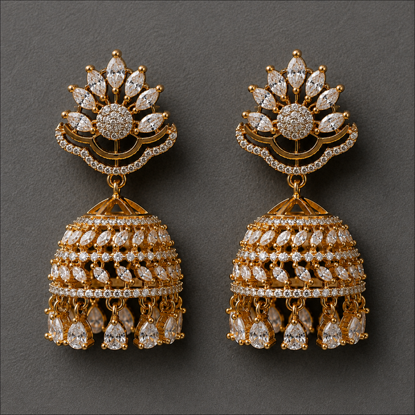 Gold Plated Cz Jhumka | Traditional Indian Bell Drop Bridal Statement Jewelry