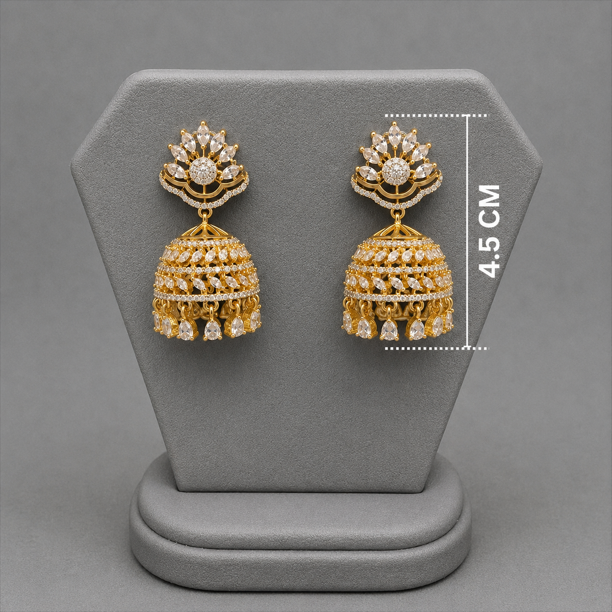 Luxury American Diamond Bell Drop Jhumkis in Gold Finish