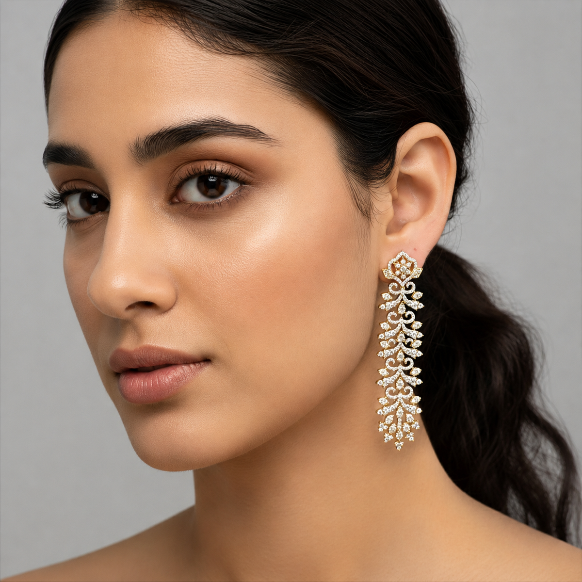 Gold Plated American Diamond Chandelier Long Drop Bridal Earrings