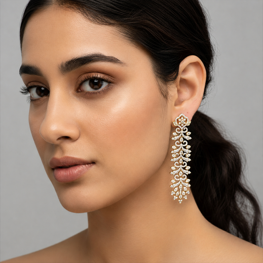 Gold Plated American Diamond Chandelier Long Drop Bridal Earrings