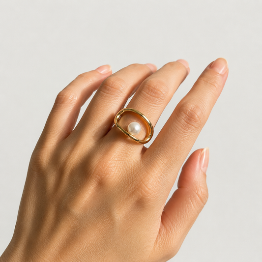 Oval Gold Pearl Ring | Minimalist Floating Pearl Statement