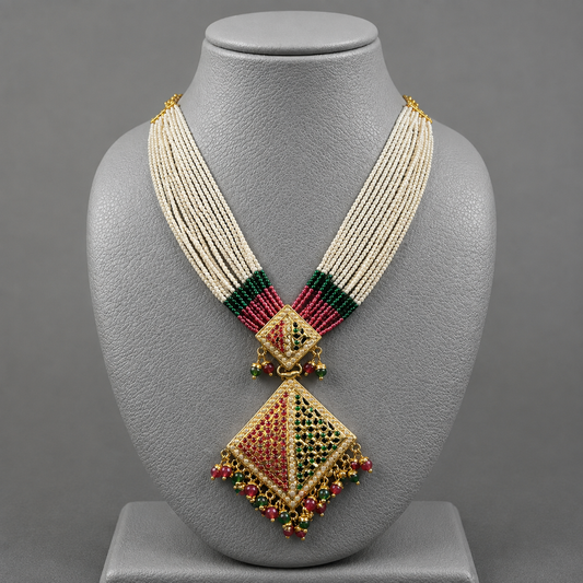 Traditional Kundan Gold Plated Pearl Necklace with Red & Green Beads Pendant