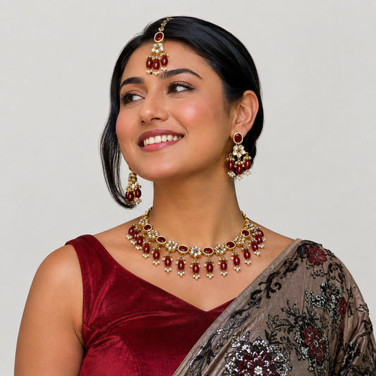 Royal Ruby Kundan Polki Choker Earring And Maang Tikka Set