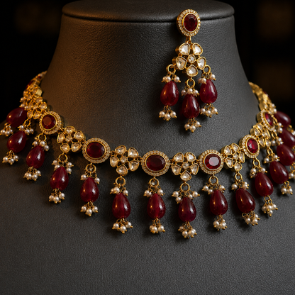 Gold-toned traditional jewelry set on a black display bust, featuring a choker necklace and matching earrings with deep red teardrop stones and small pearl-like accents.