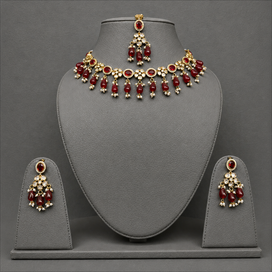 Royal Ruby Kundan Polki Choker Earring And Maang Tikka Set