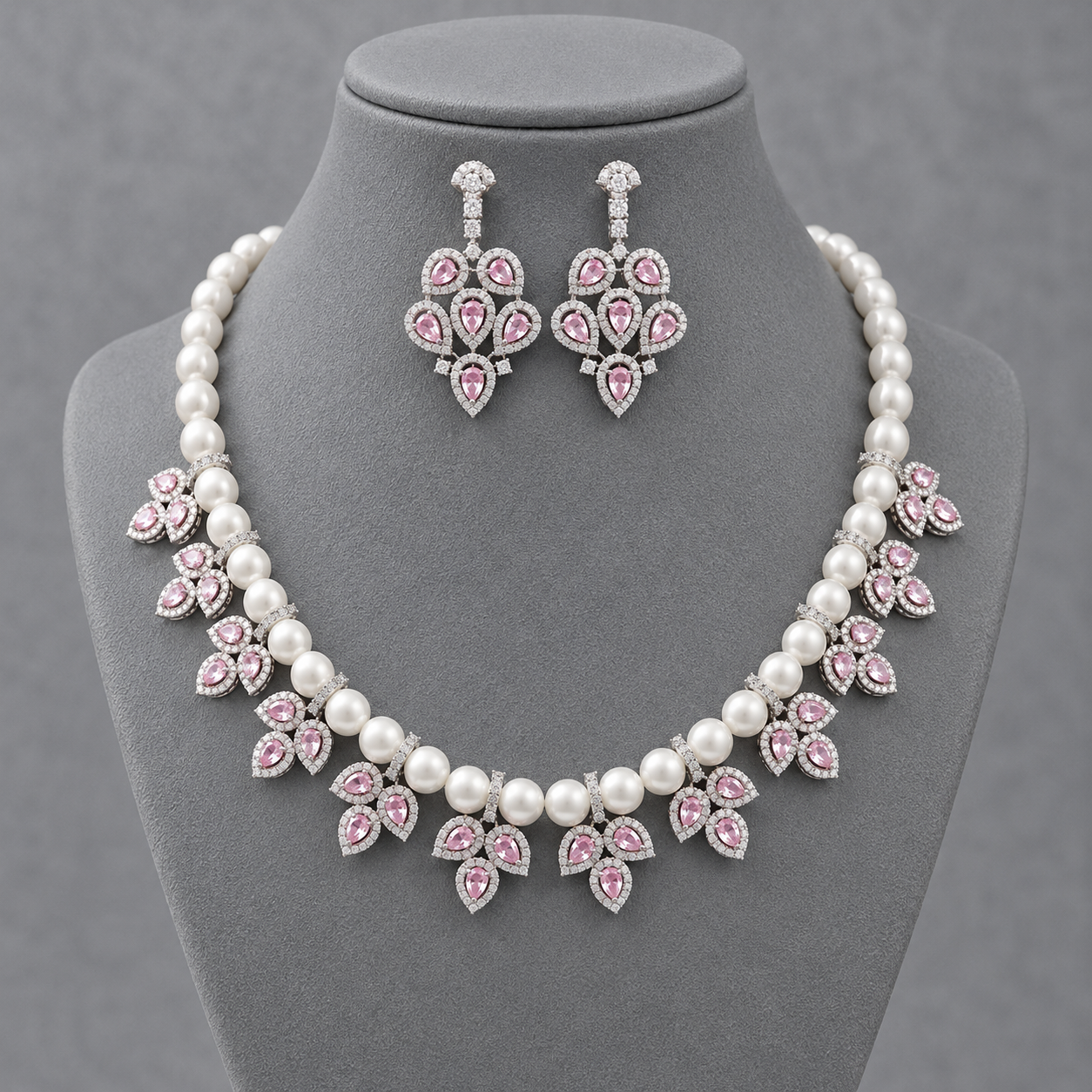 Pink Marquise AD & Pearl Statement Necklace Set
