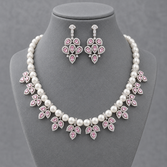 Pink Marquise AD & Pearl Statement Necklace Set