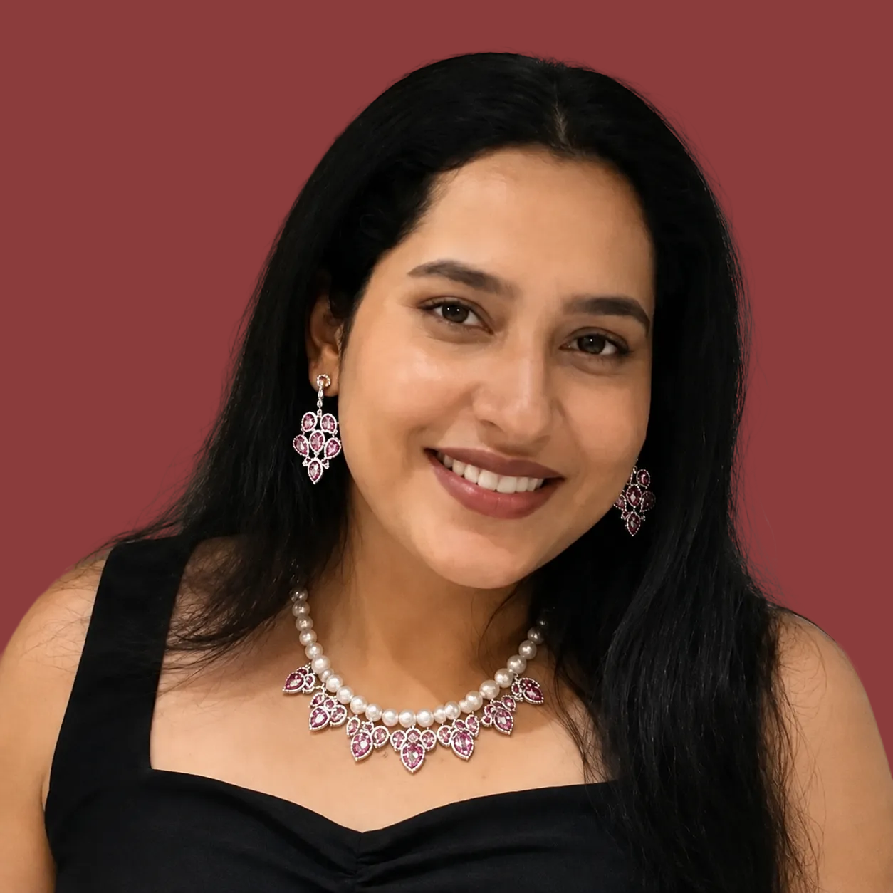 Pink Marquise AD & Pearl Statement Necklace Set
