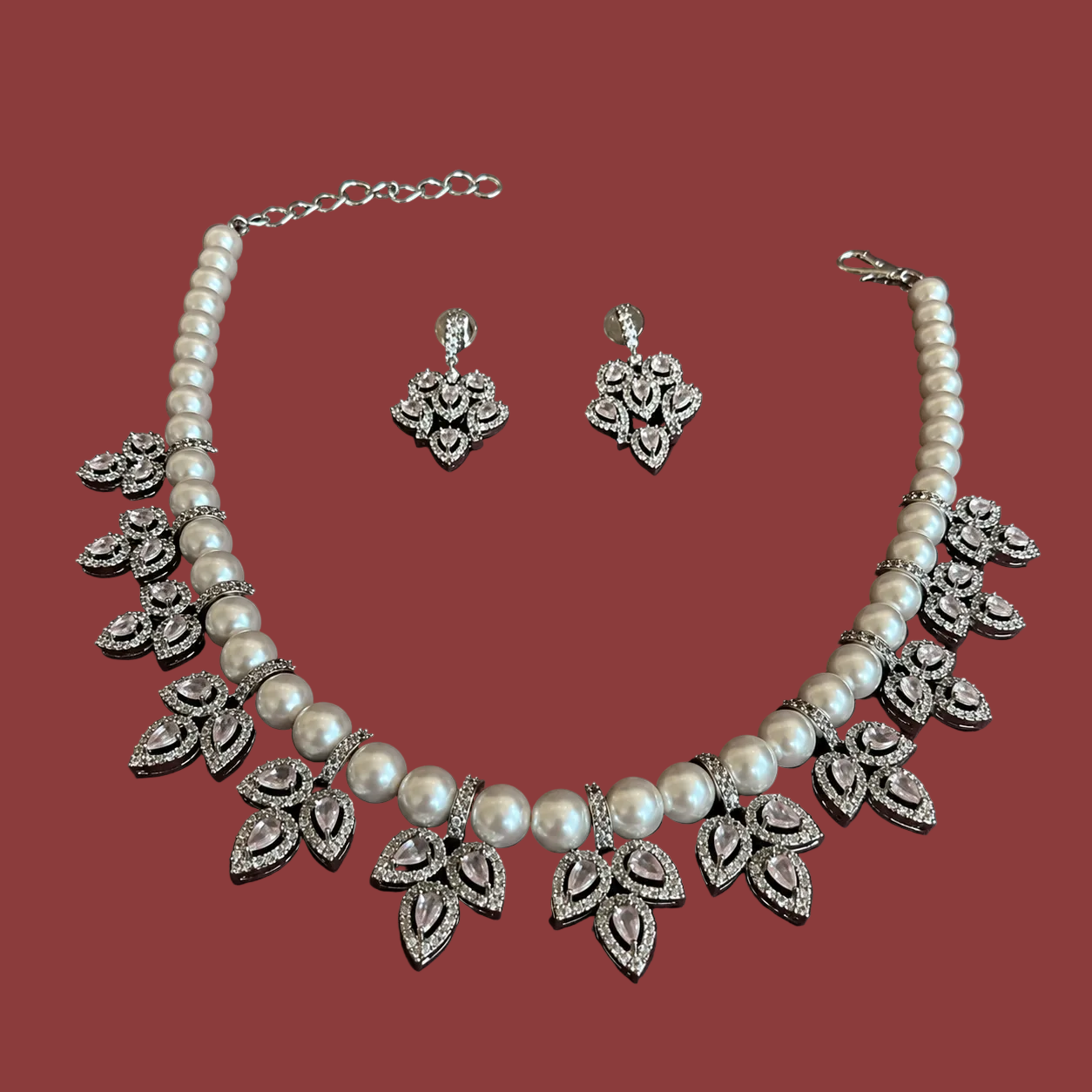 Pink Marquise AD & Pearl Statement Necklace Set