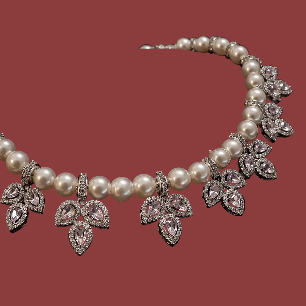 Pink Marquise AD & Pearl Statement Necklace Set