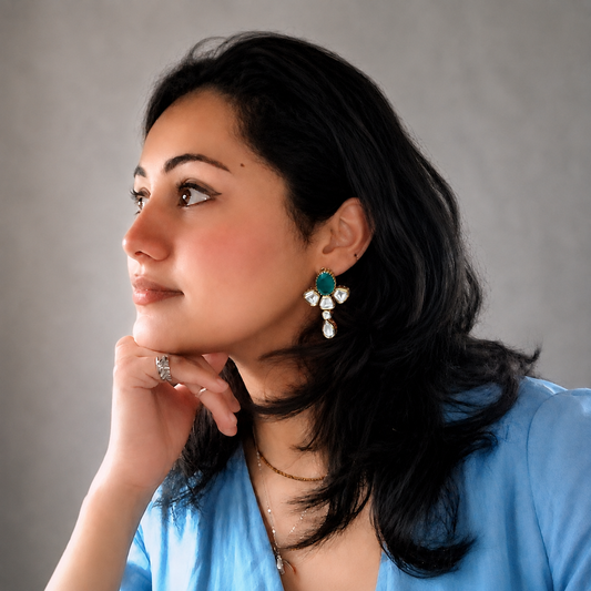 Premium Emerald Green and Kunden Drop Earrings , Gold- Plated Statement Earrings ideal for party, wedding and festival