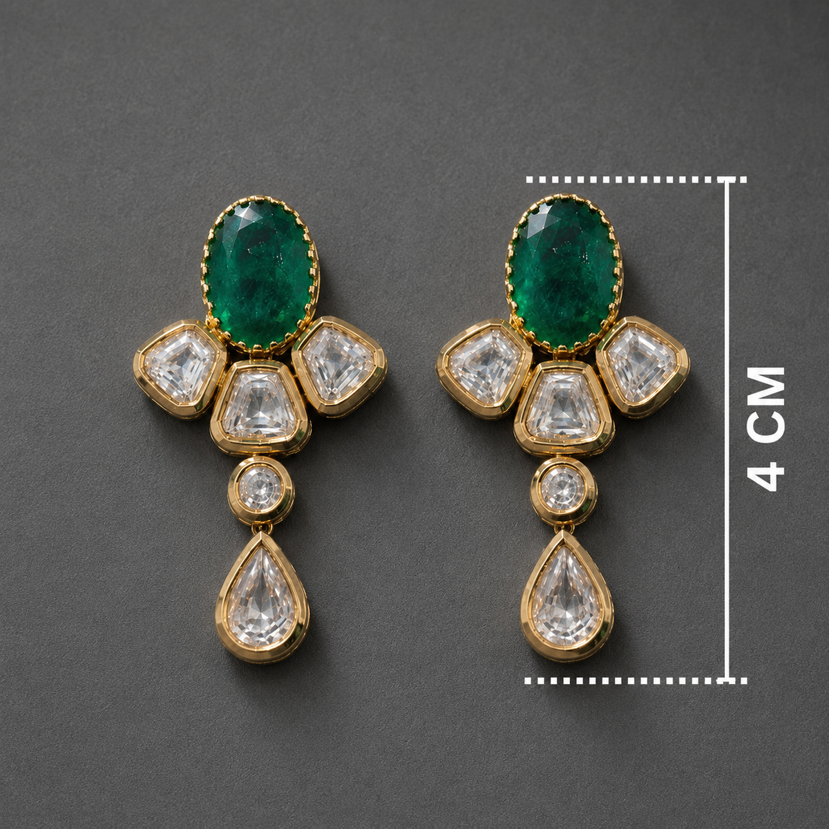 Premium Emerald Green and Kunden Drop Earrings , Gold- Plated Statement Earrings ideal for party, wedding and festival