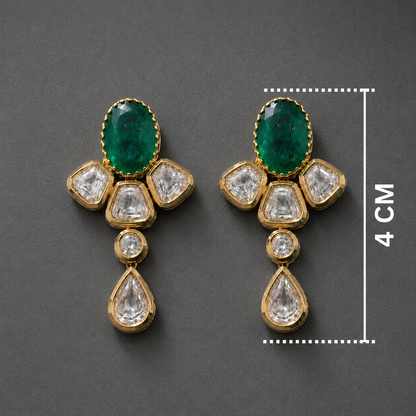 Premium Emerald Green and Kunden Drop Earrings , Gold- Plated Statement Earrings ideal for party, wedding and festival