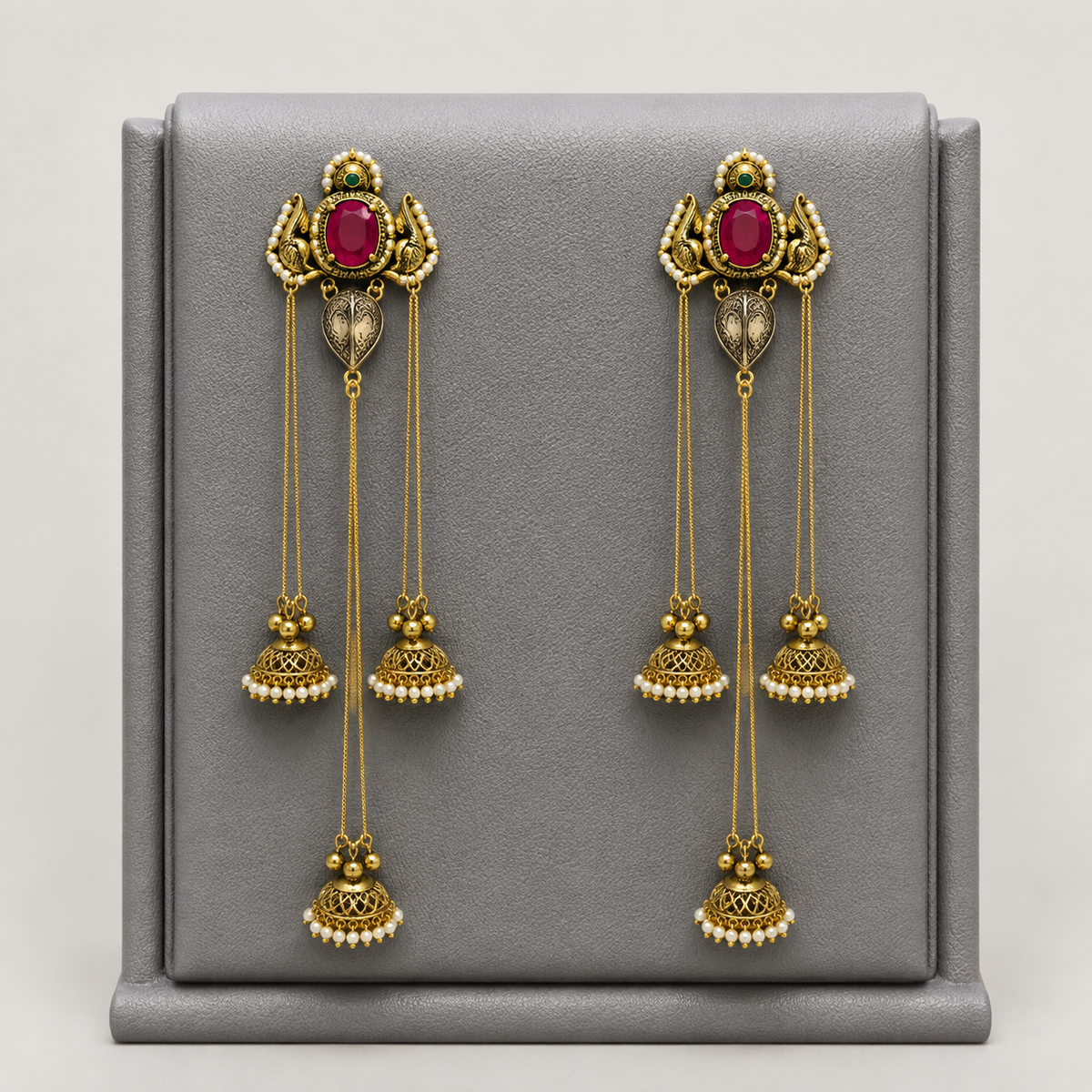 Premium Kashmiri style Dual tone, Anti tarnish, Long chain jhumkis with Ruby Stone