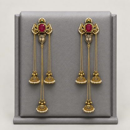 Premium Kashmiri style Dual tone, Anti tarnish, Long chain jhumkis with Ruby Stone