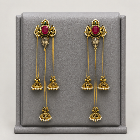 Premium Kashmiri style Dual tone, Anti tarnish, Long chain jhumkis with Ruby Stone