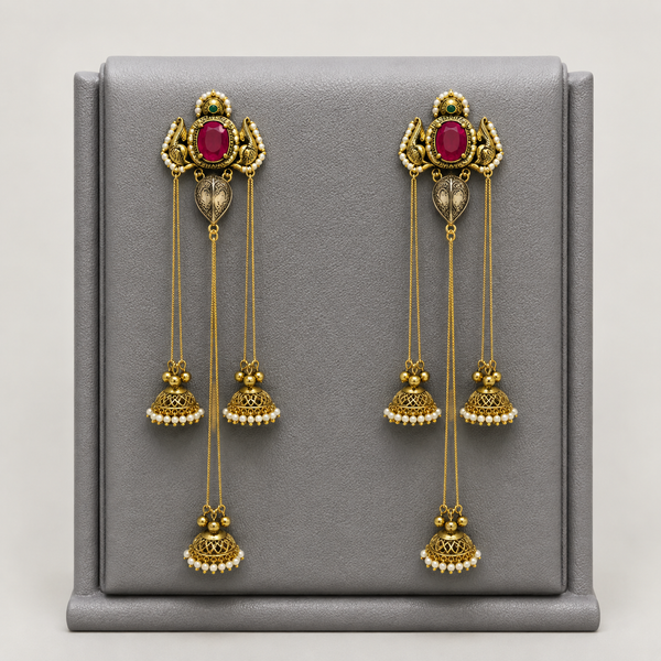 Premium Kashmiri style Dual tone, Anti tarnish, Long chain jhumkis with Ruby Stone