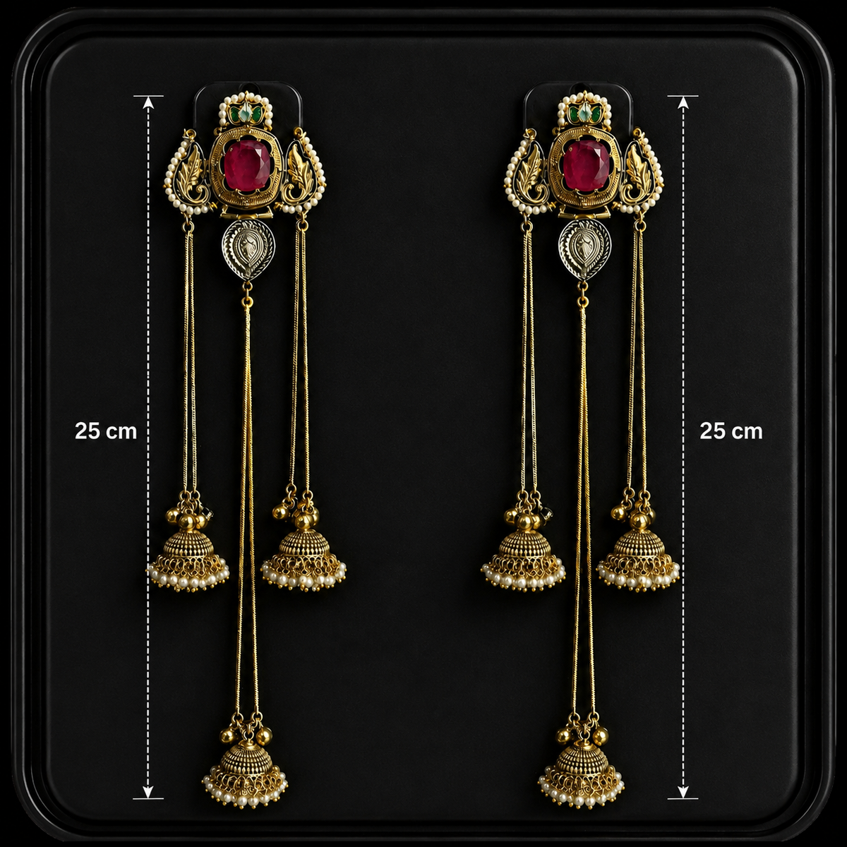 Premium Kashmiri style Dual tone, Anti tarnish, Long chain jhumkis with Ruby Stone