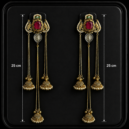 Premium Kashmiri style Dual tone, Anti tarnish, Long chain jhumkis with Ruby Stone