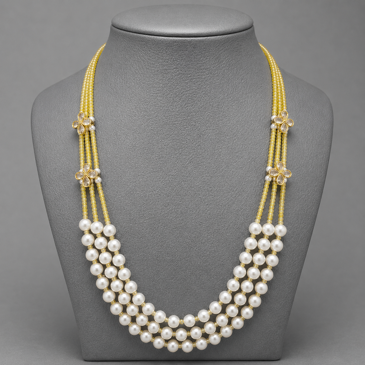 Elegant Three-Strand Pearl and Yellow CZ Crystal Necklace with kundan flowers – Handcrafted Artisan Jewellery best matched with western and traditional attire