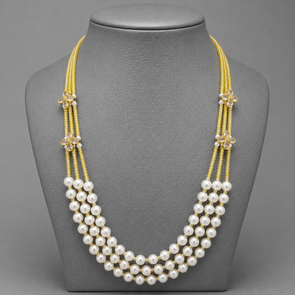 Elegant Three-Strand Pearl and Yellow CZ Crystal Necklace with kundan flowers – Handcrafted Artisan Jewellery best matched with western and traditional attire