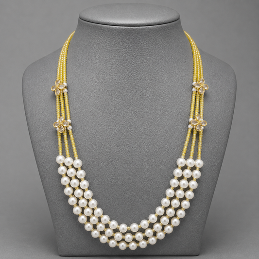 Elegant Three-Strand Pearl and Yellow CZ Crystal Necklace with kundan flowers – Handcrafted Artisan Jewellery best matched with western and traditional attire