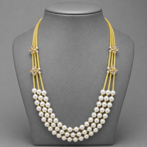 Elegant Three-Strand Pearl and Yellow CZ Crystal Necklace with kundan flowers – Handcrafted Artisan Jewellery best matched with western and traditional attire