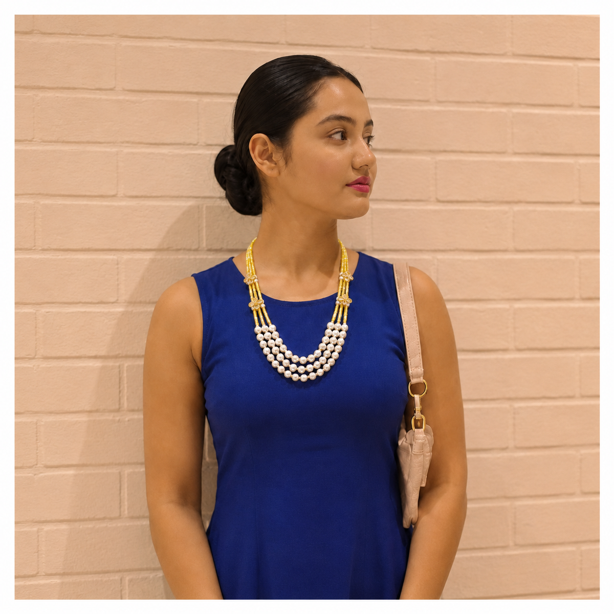 Elegant Three-Strand Pearl and Yellow CZ Crystal Necklace with kundan flowers – Handcrafted Artisan Jewellery best matched with western and traditional attire