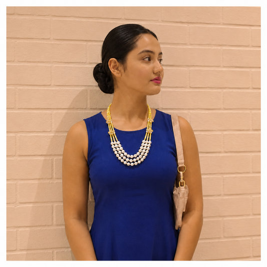 Elegant Three-Strand Pearl and Yellow CZ Crystal Necklace with kundan flowers – Handcrafted Artisan Jewellery best matched with western and traditional attire
