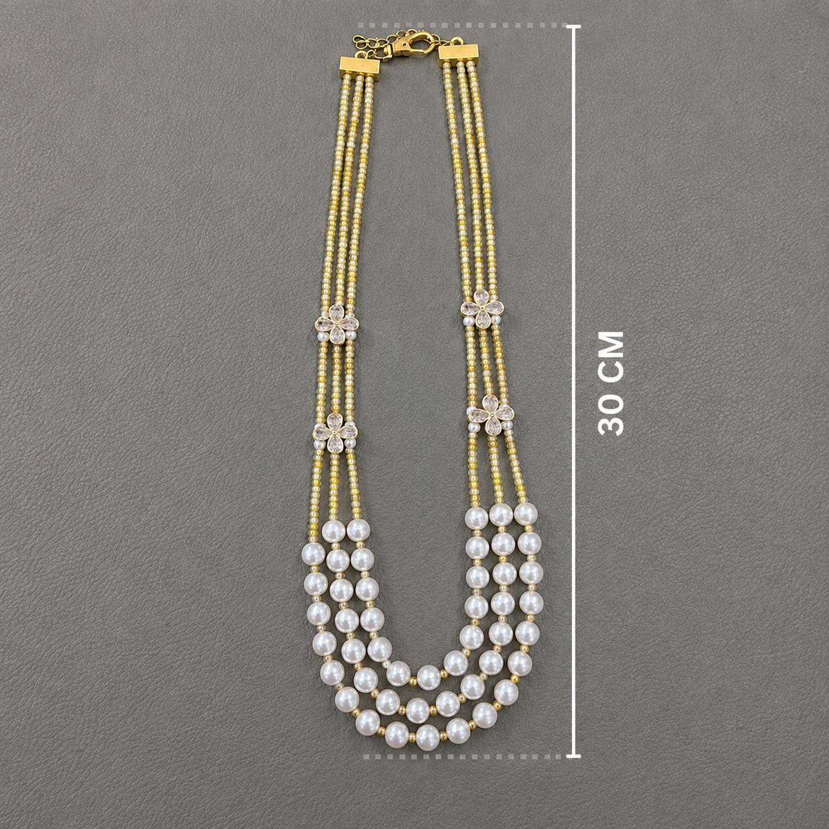 Elegant Three-Strand Pearl and Yellow CZ Crystal Necklace with kundan flowers – Handcrafted Artisan Jewellery best matched with western and traditional attire