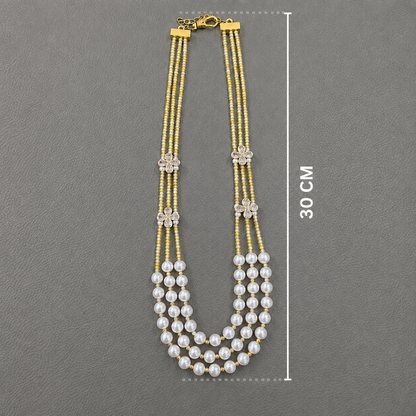 Elegant Three-Strand Pearl and Yellow CZ Crystal Necklace with kundan flowers – Handcrafted Artisan Jewellery best matched with western and traditional attire