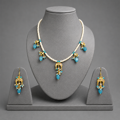 Royal Blue Gemstone And Pearl Beaded Handcrafted Necklace Set With Matching Earrings