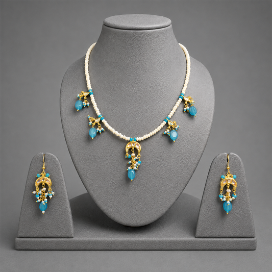 Royal Blue Gemstone And Pearl Beaded Handcrafted Necklace Set With Matching Earrings