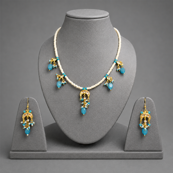 Royal Blue Gemstone And Pearl Beaded Handcrafted Necklace Set With Matching Earrings