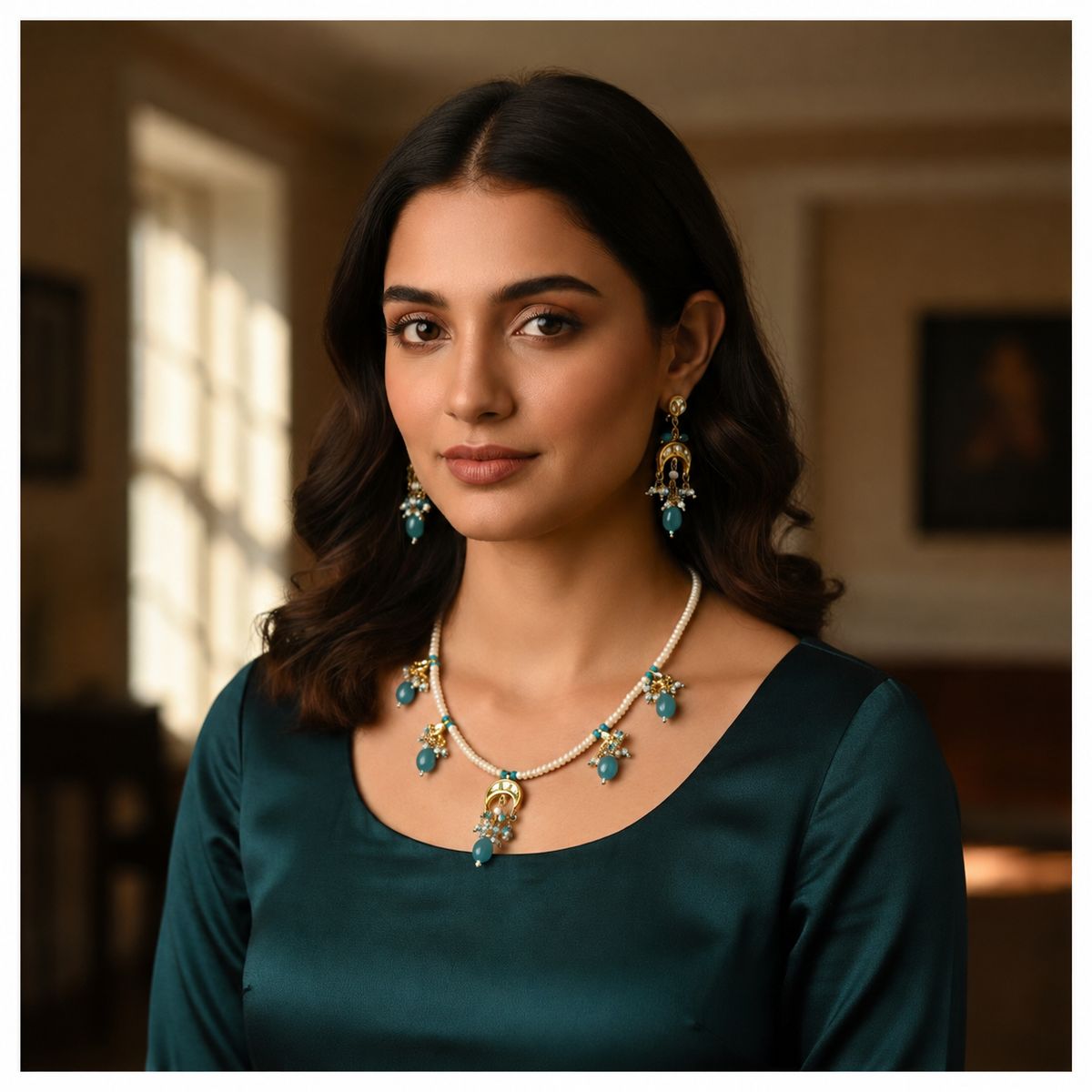 Royal Blue Gemstone And Pearl Beaded Handcrafted Necklace Set With Matching Earrings