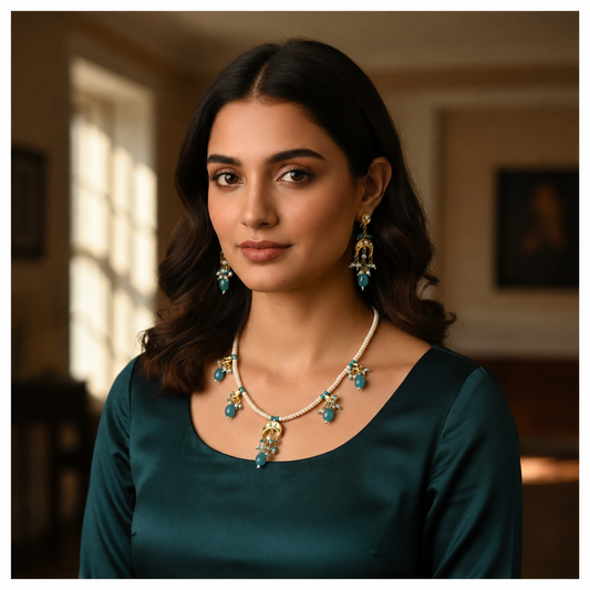 Royal Blue Gemstone And Pearl Beaded Handcrafted Necklace Set With Matching Earrings