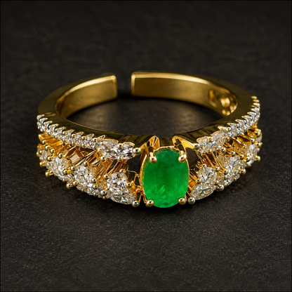 Luxurious Emerald green & AD Gold Plated adjustable Ring for Women