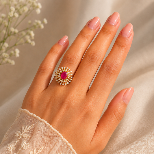 Royal Ruby Gold Statement Ring – Elegant CZ Designer Cocktail Ring for Women