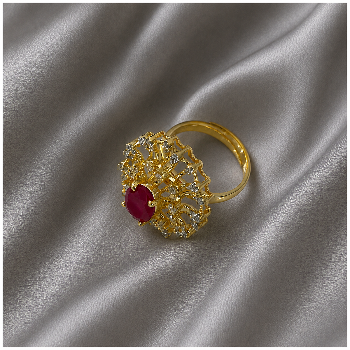 Royal Ruby Gold Statement Ring – Elegant AD Designer Cocktail Ring for Women