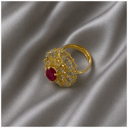 Royal Ruby Gold Statement Ring – Elegant AD Designer Cocktail Ring for Women