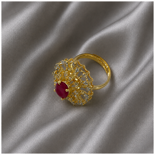 Royal Ruby Gold Statement Ring – Elegant CZ Designer Cocktail Ring for Women