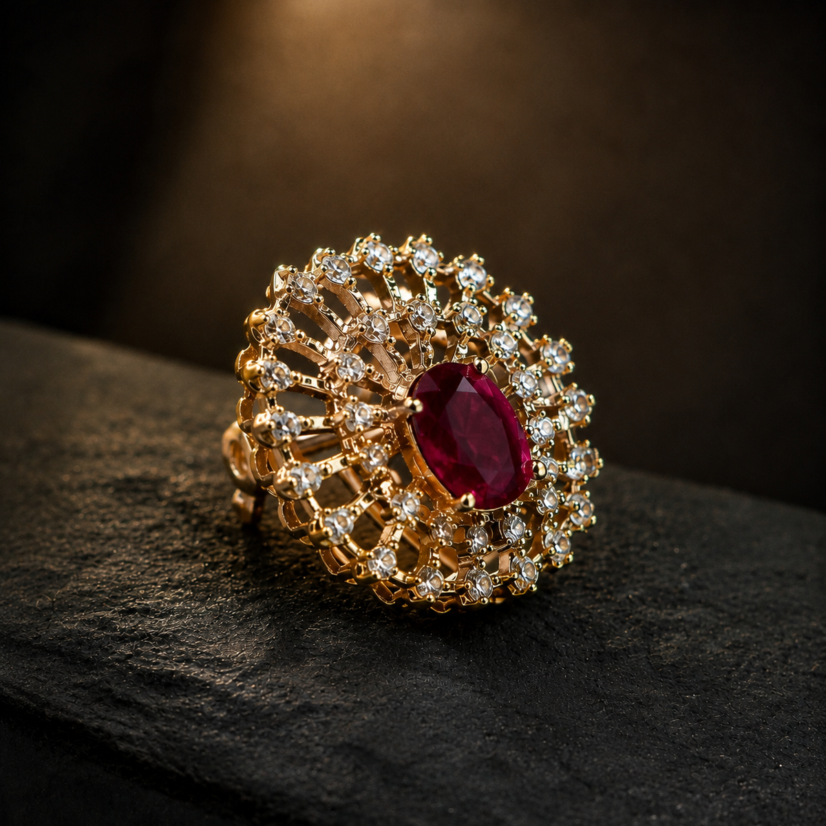 Royal Ruby Gold Statement Ring – Elegant AD Designer Cocktail Ring for Women