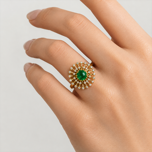 Luxury Emerald Halo Ring in Gold with Diamond Accents | Elegant Statement Jewelry