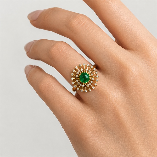 Luxury Emerald Halo Ring in Gold with Diamond Accents | Elegant Statement Jewelry